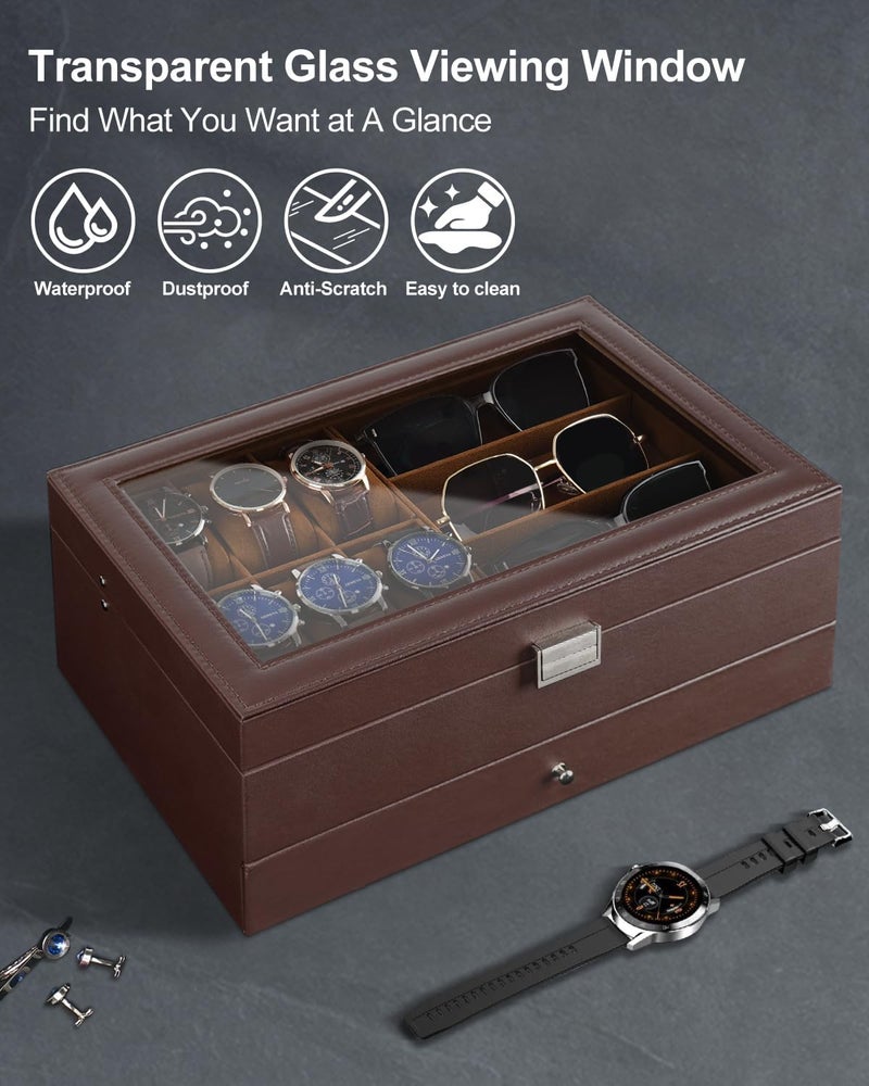 Jenseits Watch Organizer & Jewelry Box for Men – 6 Watch Slots, 3 Sunglass Slots, Drawer for Rings, Bracelets & Cufflinks, 2-Layer Leather Watch Display Case w/Glass Lid, Gift for Men & Women, Brown - Image 4